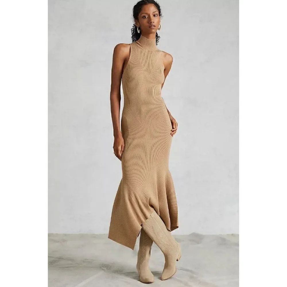 NWT ANTHROPOLOGIE MOCK NECK MIDI DRESS RIBBED SLEEVELESS NEUTRAL DRESS